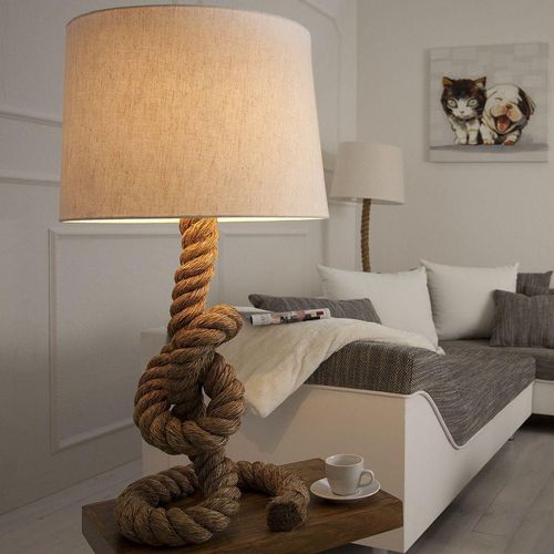 cagü: XL Design Maritim Tischlampe SCHIFFSTAU Beige mit Knoten & Schlaufen aus Manilahanf handgefertigt 85cm Höhe
