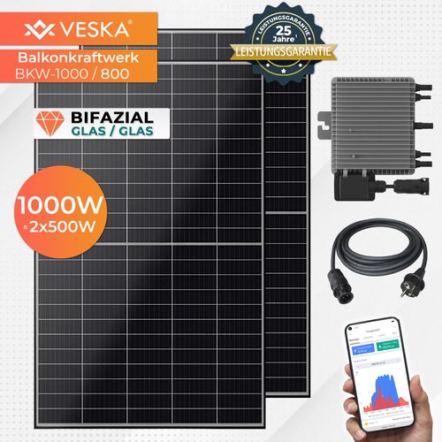 Balkonkraftwerk 1000 W Bifazial Glas/Glas Solaranlage Steckerfertig WIFI Mini-PV Photovoltaik Anlage Upgradebar 800 Watt genehmigungsfrei, Schwarz
