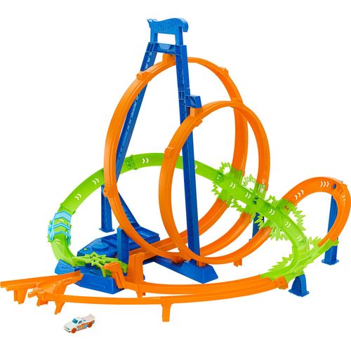 Hot Wheels Track Set, Episches Crash-Rennen mit 5 Crash-Zonen, motorisiertem Beschleuniger und 1 Hot Wheels Auto im Maßstab 1:64, leicht aufzubewahren