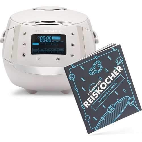 Reishunger Digitaler Reiskocher, Grau (860W/1,5l) für bis zu 8 Personen, Multikocher mit 12 Programmen, Timer- und Warmhaltefunktion inkl. Reishunger Reiskocher Kochbuch