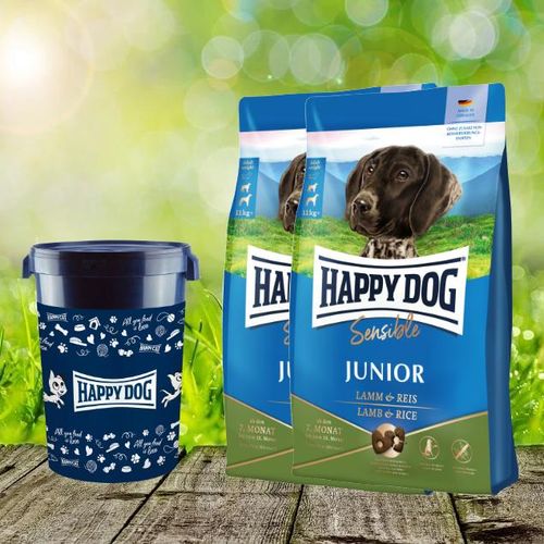Happy Dog Sensible Junior Lamm & Reis 2 x 10 kg + Futtertonne 43 Liter - Optimale Versorgung deines Junghundes