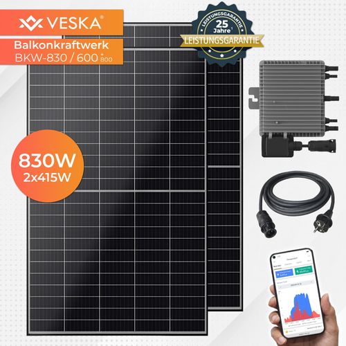 Balkonkraftwerk 830 W / 800 W Photovoltaik Solaranlage Steckerfertig WIFI Smarte Mini-PV Anlage 800 Watt genehmigungsfrei, Schwarz