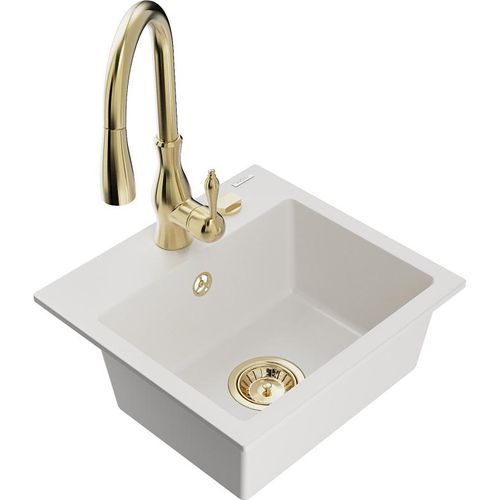 Mexen Milo 1-Becken-Granit-Spüle mit Mischbatterie Savita, Weiß - 6505-20-672601-50