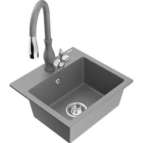 Mexen Milo 1-Becken-Granit-Spüle mit Mischbatterie Savita, Grau - 6505-71-672601-71