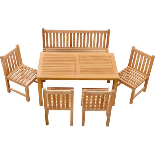 Garten-Essgruppen Teak Sitzgruppe aus 1 Bank 150 cm, 4 Sessel und 1 Tisch 150 x 80 cm modernes Teak-Set mit Sitzmöbeln ohne Armlehnen