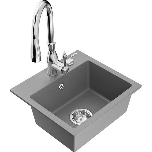 Mexen Milo 1-Becken-Granit-Spüle mit Mischbatterie Savita, Grau - 6505-71-672601-00