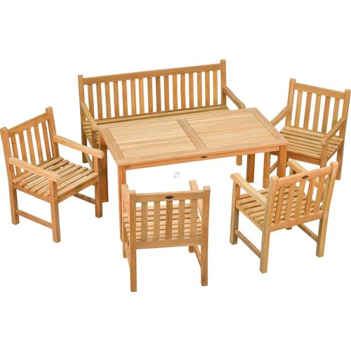 Teak Sitzgruppe aus 1 Bank 150 cm, 4 Sessel und 1 Tisch 150 x 80 cm sechsteiliges Set aus robusten Teak Gartenmöbeln