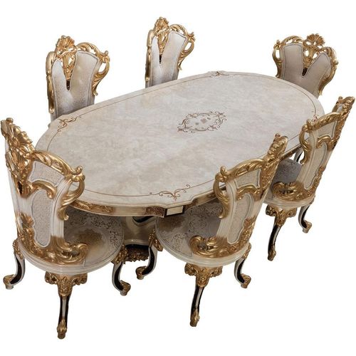 Casa Padrino Luxus Barock Esstisch Creme / Beige / Schwarz / Gold - Ovaler Barockstil Küchentisch - Luxus Esszimmer Möbel im Barockstil - Barock Esszimmer Möbel - Barock Einrichtung