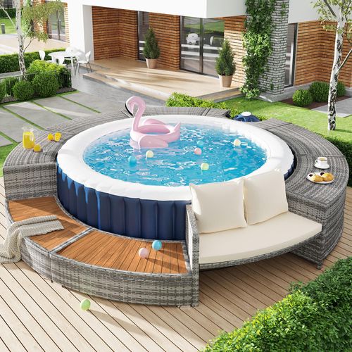 Flieks Whirlpool Umrandung Rund, Poolumdrang Poolverkleidung Rattan, Poolumdrang für Aufstellpool mit Stauraum und Sitz
