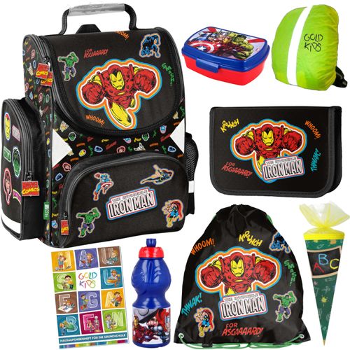 8er Set Avengers Marvel Schulranzen ergonomischer Ranzen Federmappe Aufgabenheft für die Grundschule. Geeignet ab der ersten Klasse der Grundschule
