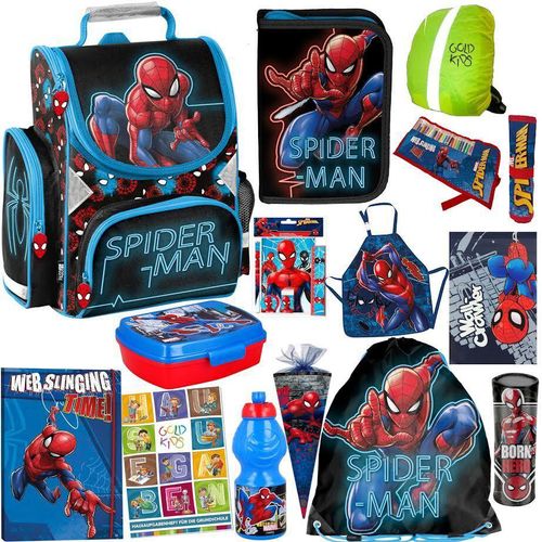 Spiderman Schulranzen Set XXL 14 Teile Ranzen Federmappe Turnbeutel Zeichenheft Notizbuch Mappe Zuckertüte Regenschutz Aufgabenheft für die Grundschule. Geeignet ab der ersten Klasse der Grundschule