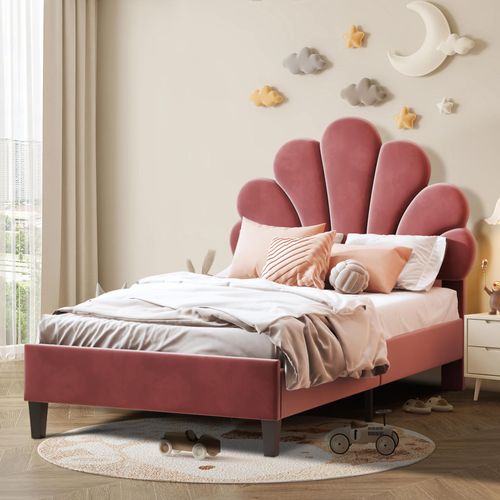 Fortuna-Lai Polsterbett Einzelbett 90 x 200 cm - mit Blütenförmigem Kopfteil, Lattenrost, Samt - für Erwachsene und Kinder - Rot