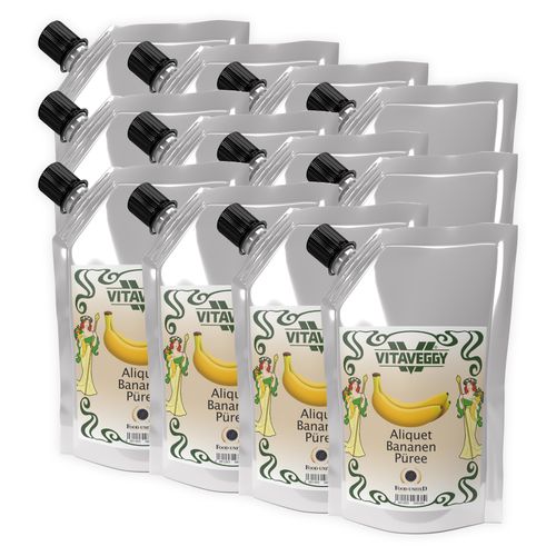 VITAVEGGY Früchte-Püree BANANE 12x1kg ohne Aroma- Farb- & Konservierungsmittel von Food-United, Bananenpüree für Obstbrei & Babybrei oder als Bananenmus Bananenbrei Bananensaft Bannen-Smoothie Sorbet Füllungen Bananen-Kuchen Desserts, GVO-Frei Glute