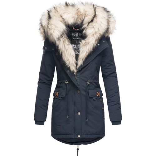 Navahoo Sweety Eleganter Damen Winter Parka mit Kapuze und doppelten Kunstpelzkragen Wintermantel Pelzfrei Vegan Blau Gr. 34 - XS