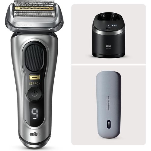 Braun Series 9 Pro+ Elektrorasierer, Reinigungsstation, Rasierer-Ladeetui (PowerCase), Wet & Dry, 9577cc, Silber