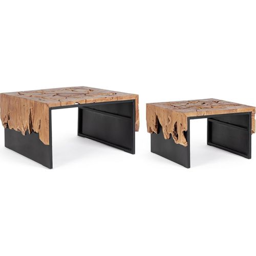 Beistelltisch 2er Set Grenada mit Metallgestell und Tischplatte aus Teakwurzeln