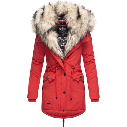 Navahoo Sweety Eleganter Damen Winter Parka mit Kapuze und doppelten Kunstpelzkragen Wintermantel Pelzfrei Vegan Rot Gr. 36 - S
