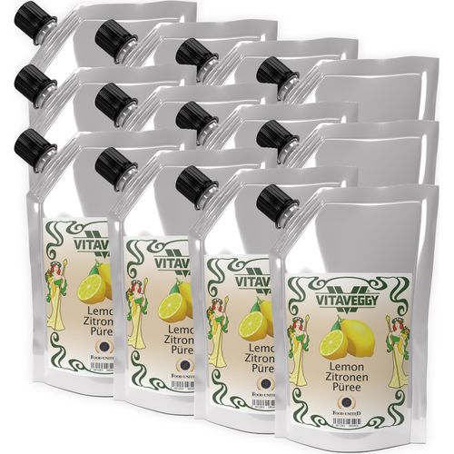VITAVEGGY Früchte-Püree ZITRONE 12x 1kg ohne Aroma- Farb- & Konservierungsmittel von Food-United, Zitronenpüree geeignet für Obstbrei & Obsmus oder als Zitronensaftkonzentrat Zitronen-Tee oder für Cocktails Smoothies Sorbets Kuchen, GVO-Frei Glutenfrei