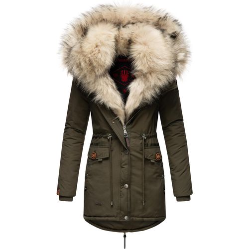 Navahoo Sweety Eleganter Damen Winter Parka mit Kapuze und doppelten Kunstpelzkragen Wintermantel Pelzfrei Vegan Olive Gr. 36 - S