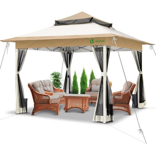 VOUNOT® Pavillon 3,6x3,6m, Pop Up Partyzelt mit Mesh Sides & Doppeldach Faltpavillon Beige