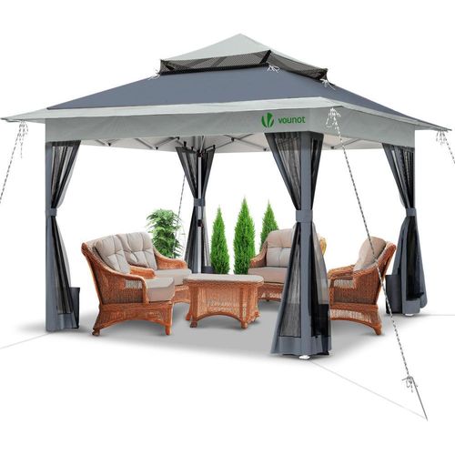 VOUNOT® Pavillon 3,6x3,6m, Pop Up Partyzelt mit Mesh Sides & Doppeldach Faltpavillon Grau