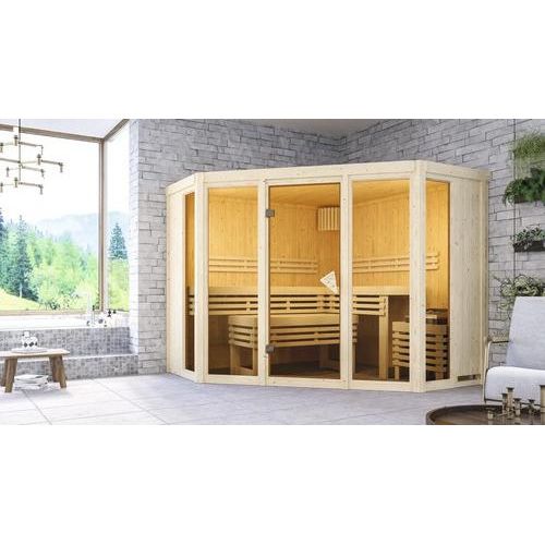 Elementsauna Karibu Armira 2 ohne Ofen und Dachkranz mit Ganzglasfensterfront