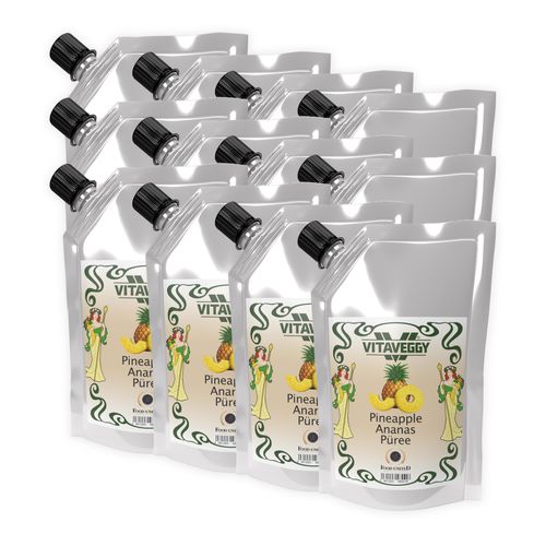VITAVEGGY Früchte-Püree ANANAS 12x1kg ohne Aroma- Farb- & Konservierungsmittel von Food-United, Ananaspüree geeignet für Obstbrei & Obsmus oder als Ananassaft Ananas-Smoothie Ananas-Sorbet Cocktails Kuchen Desserts, GVO-Frei Glutenfrei & 100% natürlich