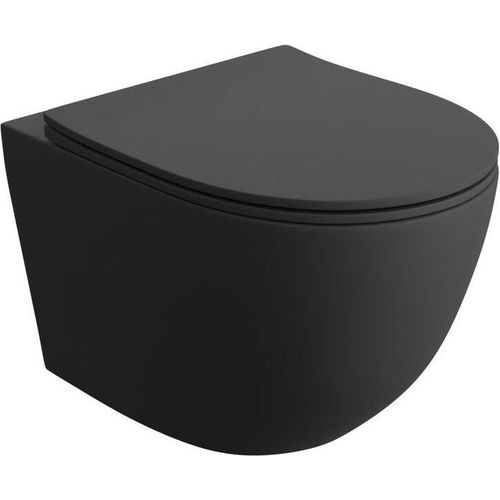 LAVITA Wand-WC Sinto Black | Hnge Toilette | Toilettendeckel mit Absenkautomatik & Metallscharniere | Toiletten Splrandlos Hngend | Toilettenbecken | 365x490x395 cm | Schwarz