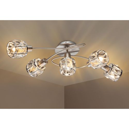 Ausgefallene LED Deckenleuchte 5 flammig mit Klarglas Kristallen Silber matt