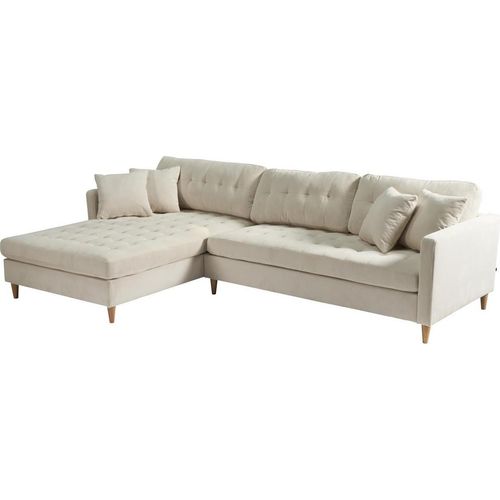 Marino Deluxe Chaiselongsofa rechts oder links gewendet mit Kissen Samt sandfarben.