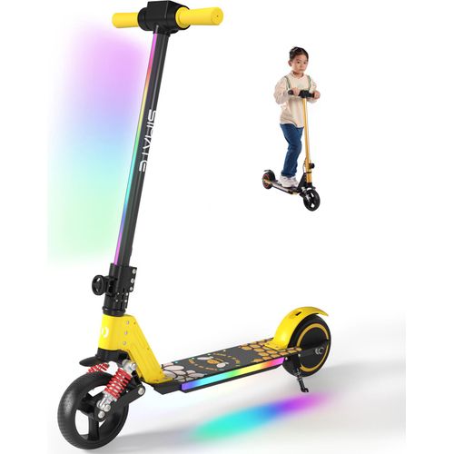 Elektroscooter S5 Gelb Für Kinder mit bunten LED-Lichtern und Federdämpfung, Klappbar Elektroroller Geschenk für Kinder und Jugendliche 6-12 Jahren