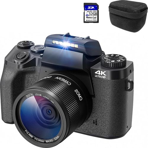 Fine Life Pro Digitalkamera 4K, 64MP fotokamera (WiFi, 16x Digitalzoom, 52mm Festobjektiv, 4.0" Touchscreen, 32GB SD-Karte)