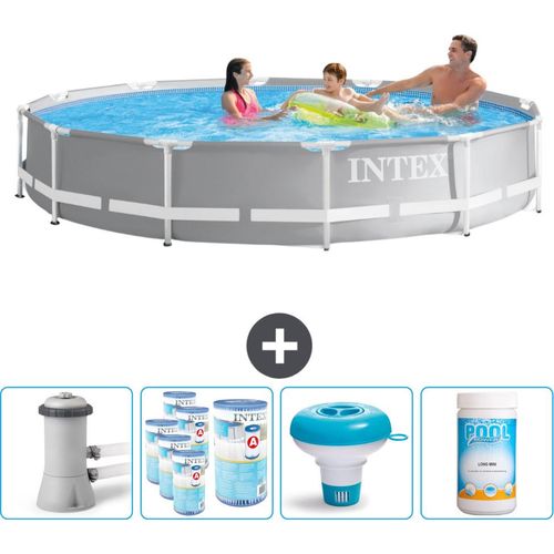Intex Round Prism Frame Swimming Pool – 366 x 76 cm – Grau – inklusive Pumpe Filter - Chlorschwimmer - Chlor