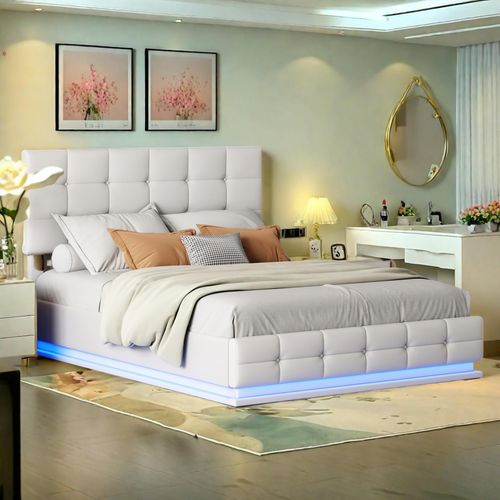 Stauraumbett mit LED-Beleuchtung, hydraulischem Doppelhubmechanismus, Kunstleder, Metallrahmen, 140x200 cm, max. 350 kg, 24 Latten, ohne Matratze