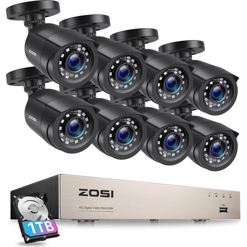ZOSI 8CH 1080p Außen Video Überwachungsset mit Kabel, 1TB Festplatte, 8 Stück Bullet Überwachungskamera