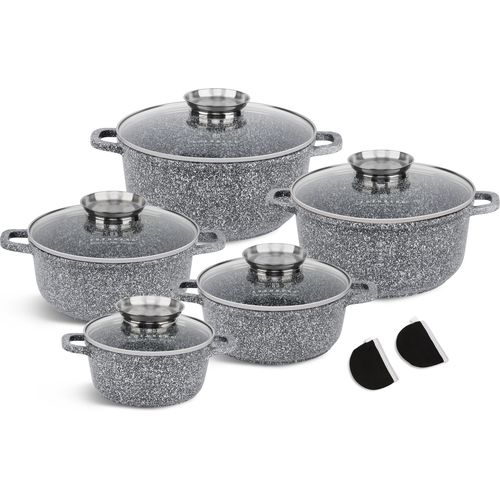 Graues Topfset 10tlg Topf Kompotttopf Suppentopf Kochtopf Keramik Marmor Induktionstöpfe GLASDECKEL (1.3L / 2.3L / 3.5L / 4.5L / 5.6L)