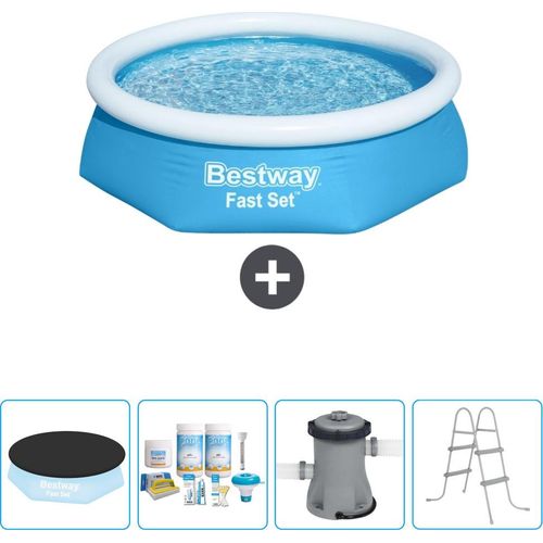 Bestway runder aufblasbarer Fast-Set-Pool – 244 x 61 cm – Blau – im Lieferumfang enthalten Abdeckung - Wartungspaket - Pumpe - Leiter