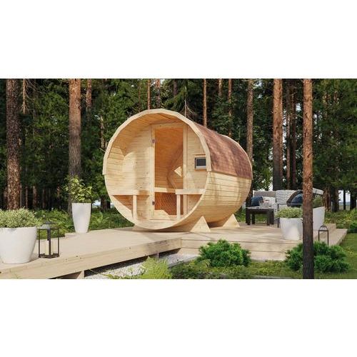 Fasssauna Karibu Rondi 2 ohne Ofen mit Holztüre und Isolierglas wärmegedämt