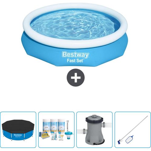 Bestway runder aufblasbarer Fast-Set-Pool – 305 x 66 cm – Blau – im Lieferumfang enthalten Abdeckung - Wartungspaket - Pumpe - Reinigungskit