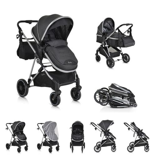 Moni Kombikinderwagen 2 in 1 Kali 22 kg umbaubar, Korb, Getränkehalter, Tasche schwarz