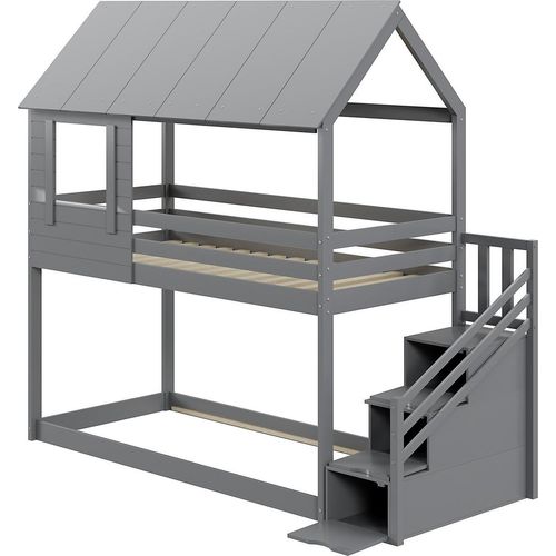Kinderbett,Holz-Etagenbett(Grau)Dachkonstruktion,Sicherheitstreppe mit mehreren Ablagefächern, Lattenrost, Einzelbett, Etagebett