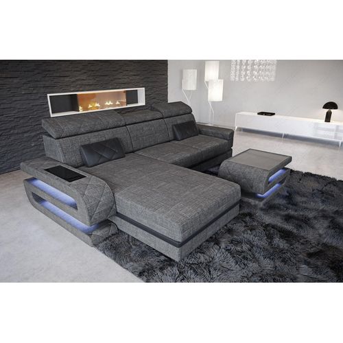 Stoffsofa Bologna L Form mit Licht USB Webstoff Strukturstoff