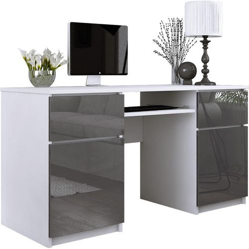 Schreibtisch: 2 Schubladen, Mattweiß / Glanzgrau, 135 x 77 x 50 cm