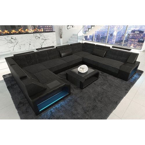 Stoffsofa Wohnlandschaft Pesaro mit Licht USB Webstoff Strukturstoff
