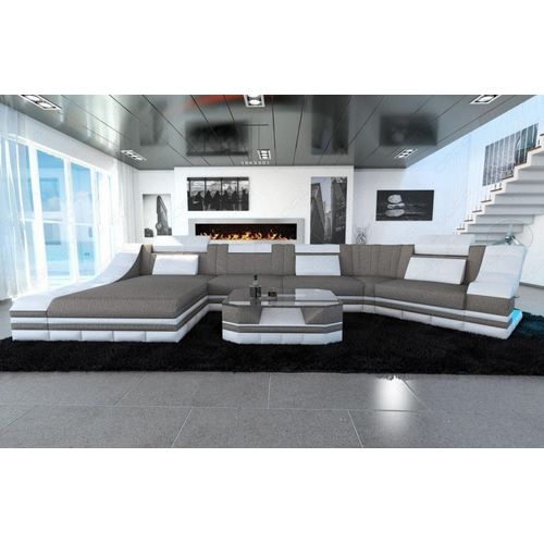 Stoffsofa Turino C Form mit Licht USB Webstoff Strukturstoff