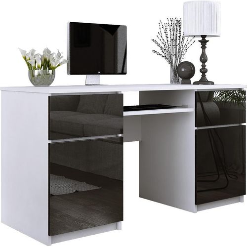 Schreibtisch: 2 Schubladen, Mattweiß / Glanzschwarz, 135 x 77 x 50 cm