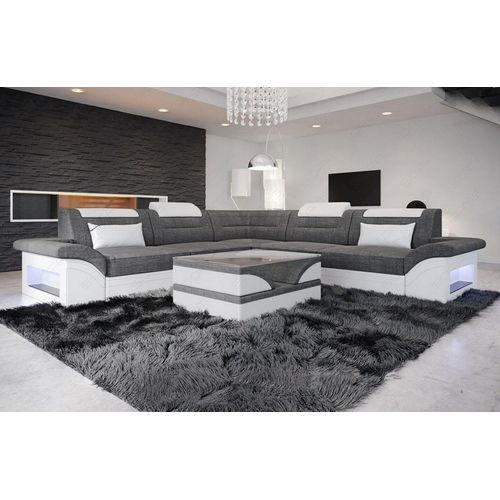 Stoffsofa Brianza L Form mit Licht USB Webstoff Strukturstoff