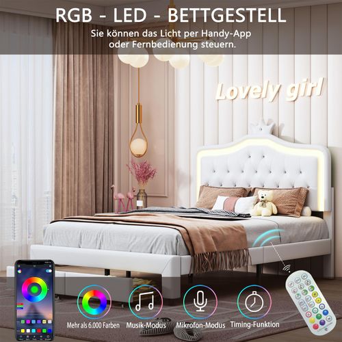 ProximaX ProximaX Polsterbett 140x200 cm für Kinder –Doppelbett mit Kronenform, mit Lattenrost, LED & Schublade – Weiß