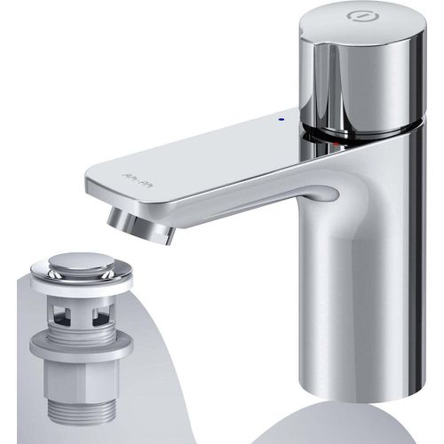 Badarmatur mit Pop-Up Ablaufventil für Waschbecken Wasserhahn Bad Chrom Waschtischarmatur mit Ablaufgarnitur 1 1/4 Zoll Messing Ventil Ablauf