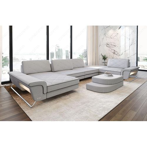 Stoffsofa Wohnlandschaft Ferrara mit Licht USB Webstoff Strukturstoff